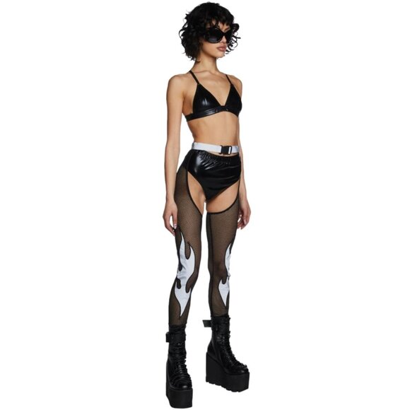 NWT Club Exx Black & Silver High Waist Reflective Fishnet Chaps with Buckle Clos - Picture 1 of 11